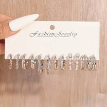 6对/24对 时尚简约优雅复古精致仿珍珠心形几何编织宽金属C形耳环多件套装，适合节日、度假、派对、约会、日常佩戴，是馈赠佳品。 - 銀色 - 查看 8