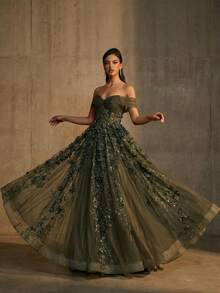 優雅深綠色露肩長款薄紗晚禮服，飾有3D花朵貼花，婚禮賓客禮服，秋季派對穿搭 - 軍綠色 - 查看 4