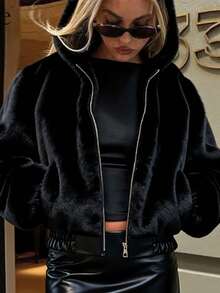 Da Jade 女士优雅黑色仿毛皮连帽外套 - 保暖冬季拉链外套 - 时尚连帽冬季外套，适合节日派对和休闲穿着 - 黑色 - 查看 4