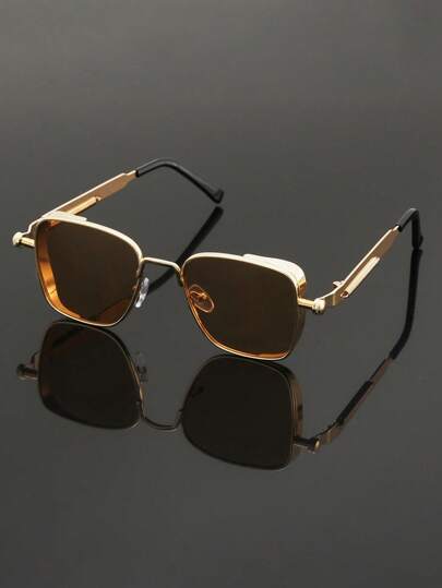 Men's Steampunk Style Vintage Business Metal Frame Glasses - Gold Metal Frame Fashion Decor, Black Full Frame Metal Design Decoration Glasses, Suitable For Casual And Formal Wear, Classic Eyeglasses, Very Durable Glasses, Square Frame