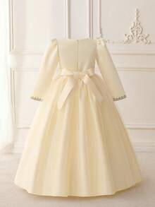 4Y-7Y Girls' Middle Eastern Princess Style Dress, V-Neck Long Sleeve High Waist Flared Dress, Elegant Embroidered Patchwork Design, Suitable For Wedding, Party, Holiday, Photography, Spring/Summer/Autumn - 白色 - 查看 5