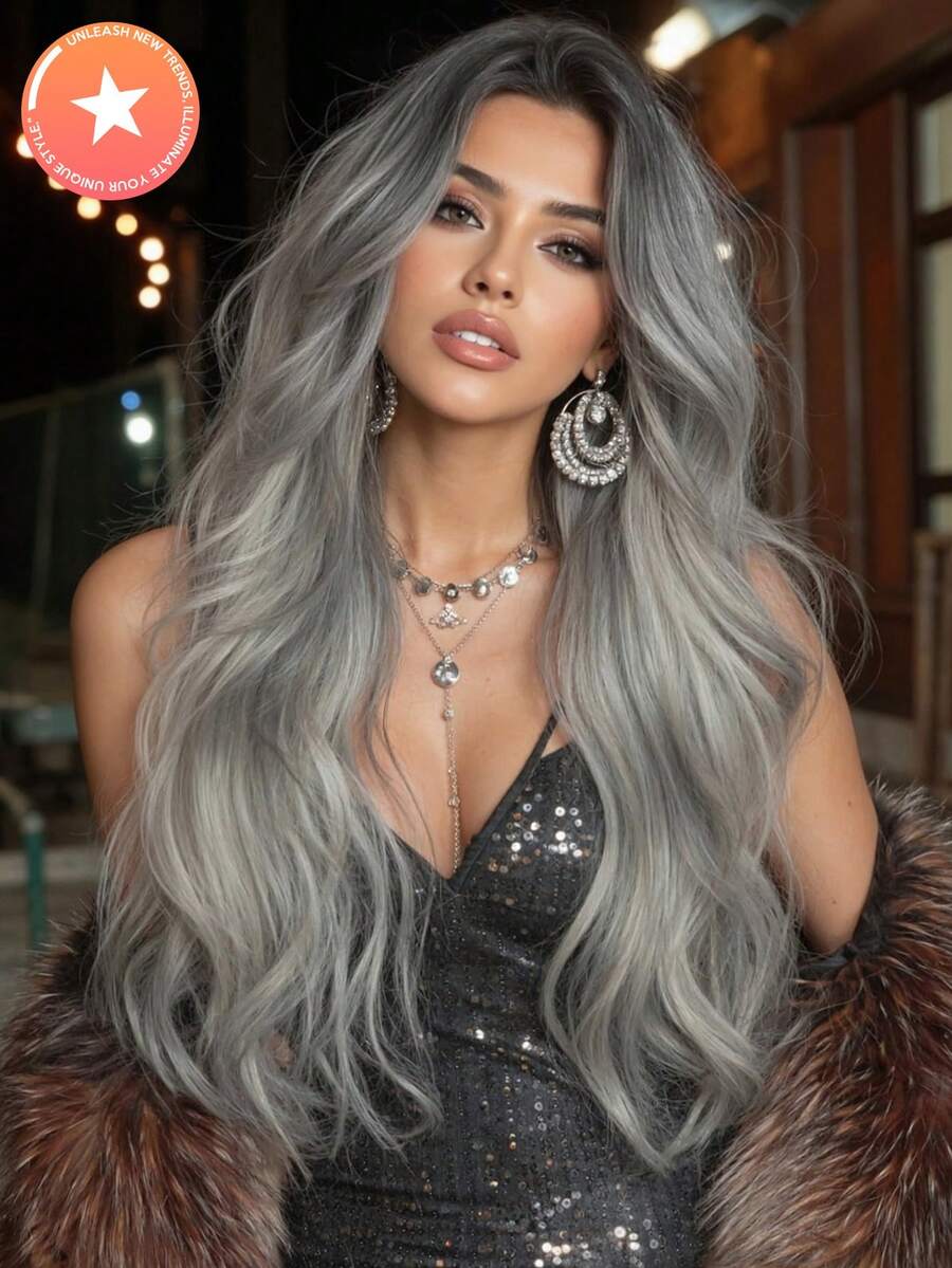 Grey Ombre Body Wave Wig For Women Long Wavy Hair 65cm Curly Wig With Bangs Cosplay Headband Wigs Synthetic Wigs For Daily Use - Màu xám ombre - Xem 1