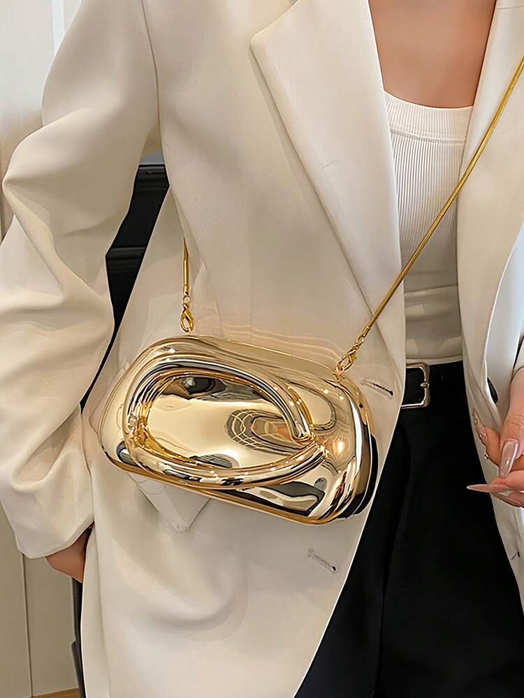 Elegant And Stylish Hardware-Decorated Clutch, Retro And Simple Solid-Color Popular Shoulder Bag, Versatile And Highly Attractively Ladies' Chain Messenger Bag For Daily Wear, New Fashion Evening Clutch, Suitable For Matching Dresses To Attend Parties And Weddings - 金色 - 查看 11