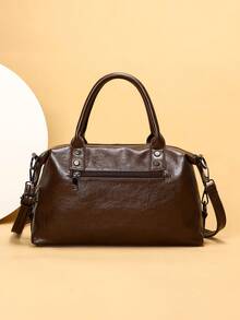 新款复古PU皮女士手提包，时尚拉链单肩包，配可拆卸肩带，女士工作旅行二合一包 - 咖啡 - 查看 11