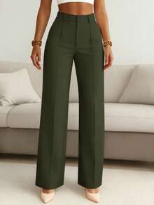 Pantalones rectos de negocios para mujer, elegantes y refinados, versátiles para diversas ocasiones de traslado - Verde Oscuro - Ver 3