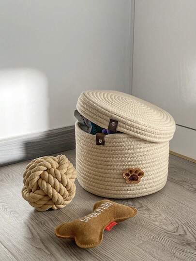 1pc Handmade Woven Apricot Pet Storage Basket, Suitable For Four Seasons Pet Toy & Ornament Storage, Dual-Use Set