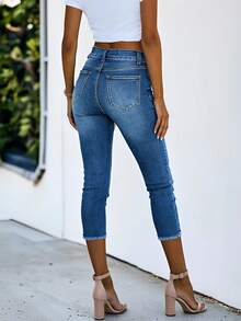 Mid-Calf Women's Skinny Denim Jeans With Button Zipper And Pockets Medium Stretch Fabric - Dark Wash - View 2