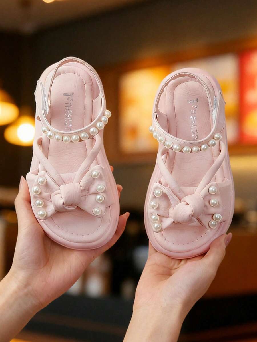 幼儿时尚休闲珍珠装饰公主凉鞋，时尚优雅，柔软舒适，适合春夏穿着 - 粉色 - 查看 1