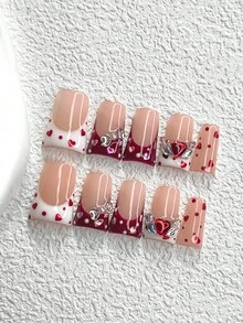 10Pcs Gentle Valentine's Day Style Handmade Press On Nail,Polygel Nail Set,Polka Dots,Love Heart,Angel,Red,White Nail Polish,Personality Style,Includes Nail Tools,3 Sizes Available,Almond,Duck,Coffin Nails For Party,Dance,Daily Wear. - 彩色 - 查看 2