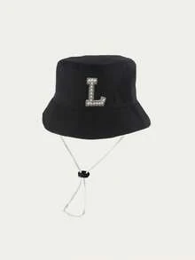 1顶儿童26字母印花遮阳帽，带可调节防风绳，休闲风格婴儿渔夫帽，适合户外、海滩、防晒 - 黑色2 - 查看 7