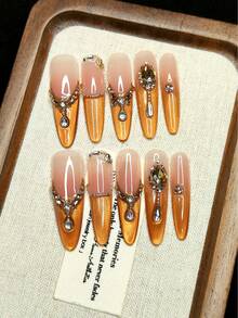 10pcs Handmade Wearable Nail Stickers, Pointed Long Nails, Suitable As Christmas Gift, French Pink & Champagne Ombre, Shiny, Cat Eye Effect, Rhinestone Water Drops & Various Shapes, Fashionable High-End, Suitable For Girls, Reusable - Rose Gold - View 2