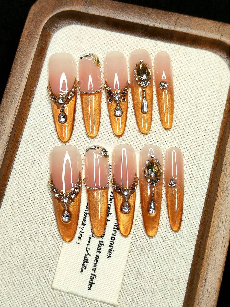 10pcs Handmade Wearable Nail Stickers, Pointed Long Nails, Suitable As Christmas Gift, French Pink & Champagne Ombre, Shiny, Cat Eye Effect, Rhinestone Water Drops & Various Shapes, Fashionable High-End, Suitable For Girls, Reusable