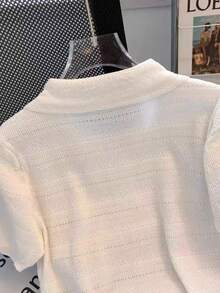 女士透气镂空 Polo 领针织上衣，夏季 - 白色 - 查看 6