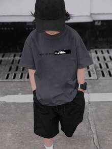 男童及青少年休闲印花圆领短袖T恤，夏季上衣 - 深灰色 - 查看 7