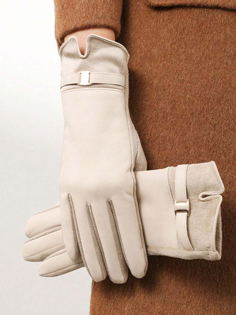 1 Pair Women's Solid Color Casual Elegant Polyester Fingerless Gloves, Suitable For Outdoor, Wedding, Autumn/Winter - Beige - View 1