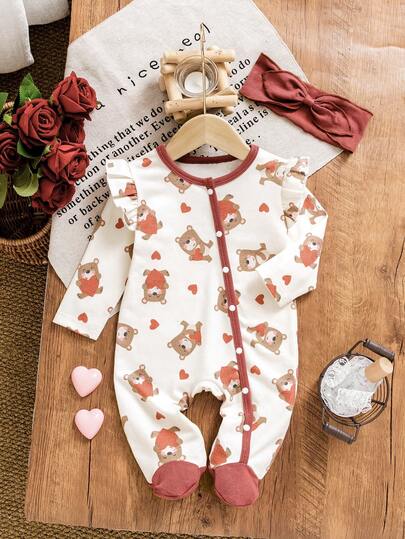 Valentine's Day Heart Bear Design Long Sleeve Romper For Newborn Baby Girls, Cute & Sweet Round Neck Footie Outfit With Heart Pattern, Suitable For Valentine's Day