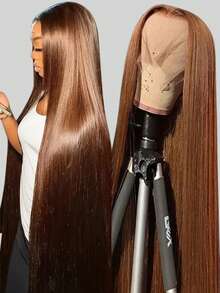 Chocolate Brown Long 8-34 Inch Wig Human Frontal Hair 13x4 HD Lace Front Wigs 200% Density Brazilian Virgin Lace Front Human Frontal Hair Straight Wig Pre Plucked With Baby Hair Blended Hair For Women Daily Party Christmas Use - Brown - View 6