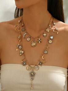 1 Conjunto de 2 Peças Colar e Gargantilha de Luxo e Alta Qualidade com Borla, Coração, Sol e Lua de Pérola Falsa, Conjunto de Colar Vintage Personalizado de Moda com Coração, Estrela e Lua de Pérola Falsa, Adequado para Uso Diário, Casamento e Festa para Mulheres - Dourado - Visão 1