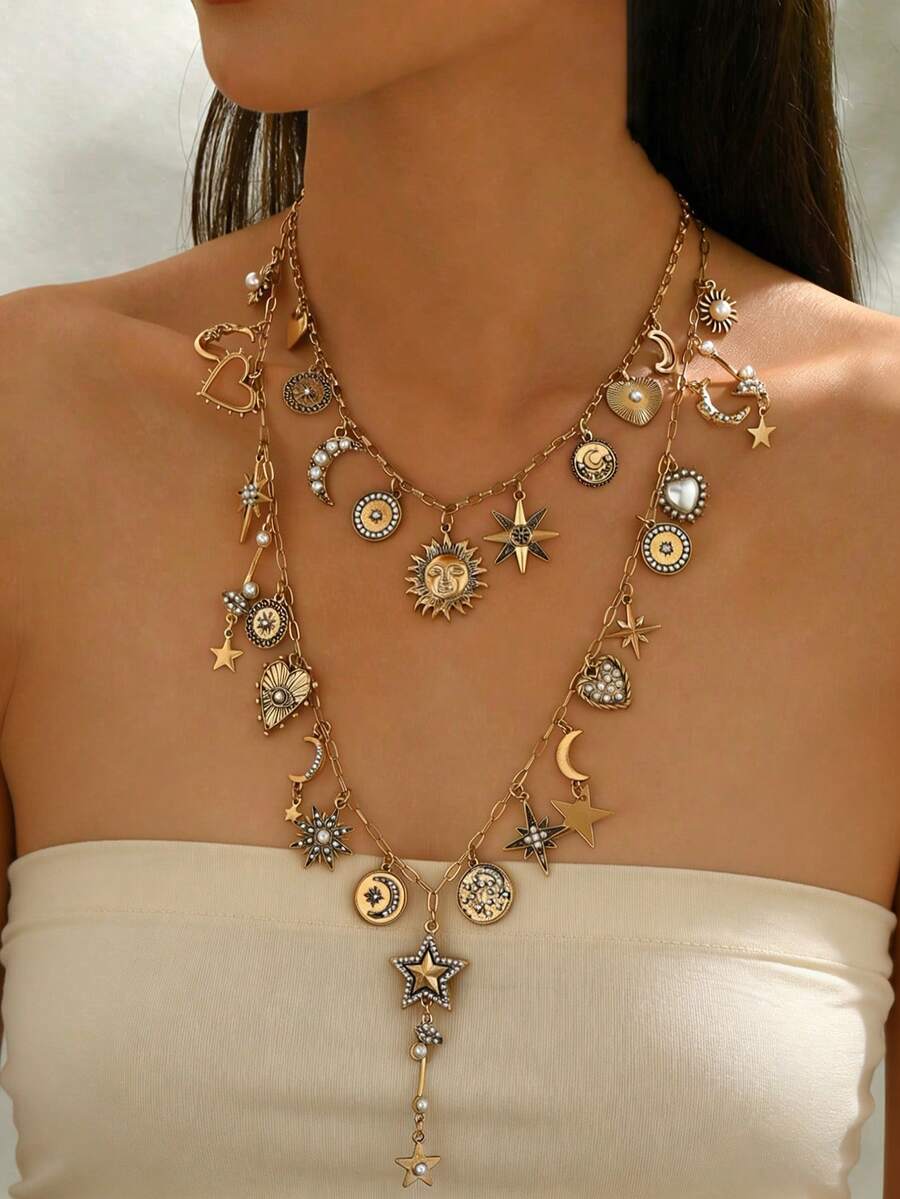 1 Conjunto de 2 Peças Colar e Gargantilha de Luxo e Alta Qualidade com Borla, Coração, Sol e Lua de Pérola Falsa, Conjunto de Colar Vintage Personalizado de Moda com Coração, Estrela e Lua de Pérola Falsa, Adequado para Uso Diário, Casamento e Festa para Mulheres - Dourado - Visão 1