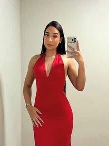 Elegant, Sensual, Long Dress With Halter Neck Tie, Made Of Knit Fabric. - Đỏ - Xem 4