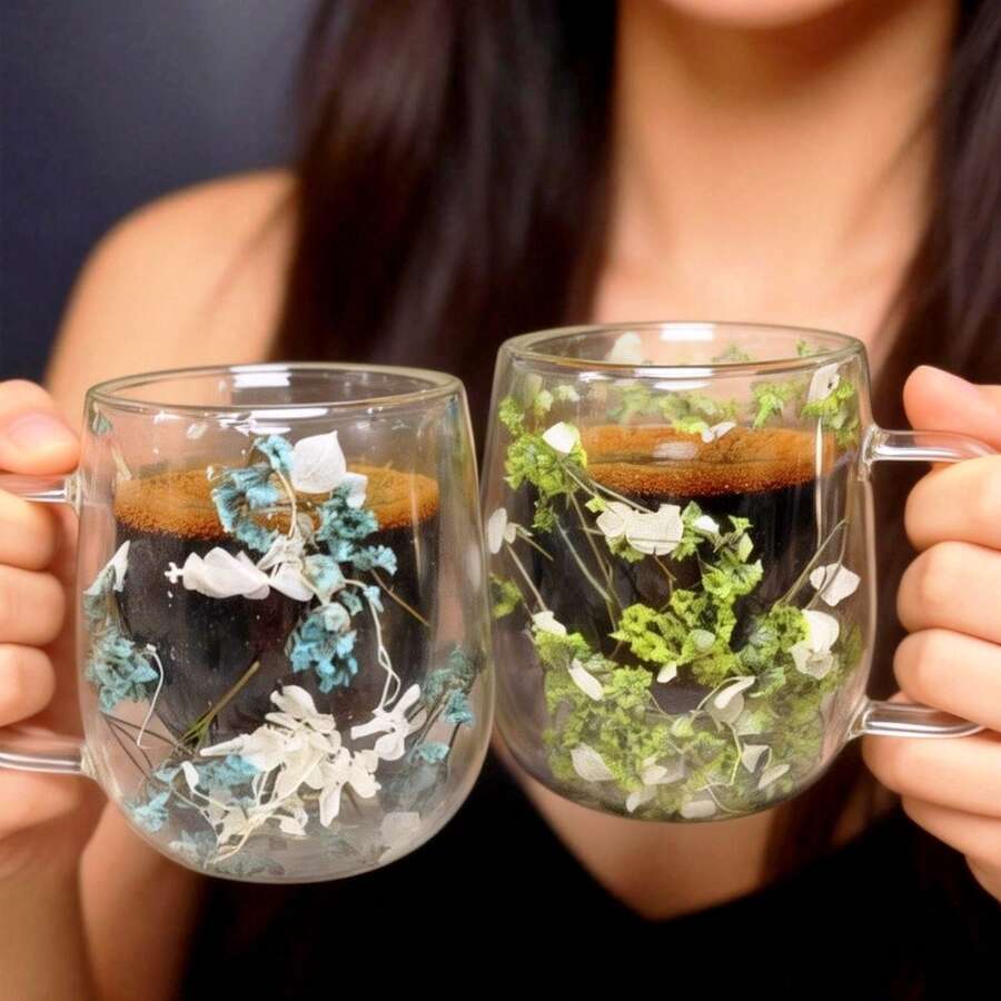 1/2/4pcs Double-Layer Glass Coffee Mugs With Handles, Floral Infuser Glass Cups, Reusable, Insulated, For Coffee, Milk Tea, Cold/Hot Drinks, Cappuccino, Tea Bags. Unique Birthday, Christmas Gifts.