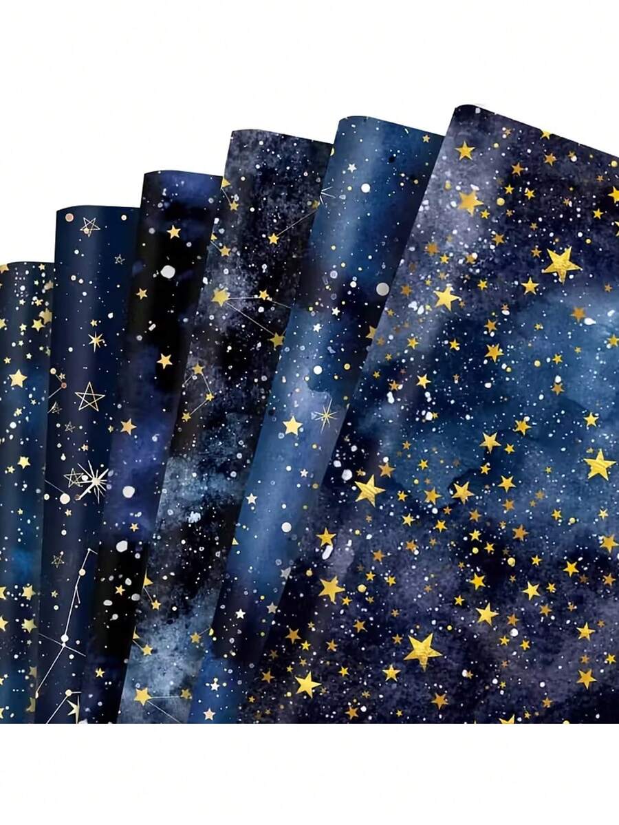 6/12pcs Set, Premium Blue Starry Sky Gift Wrapping Paper | 20-27 Inches, Gold Star & Constellation Pattern, Suitable For Birthday, Ramadan Festivals, Ramadan, Graduation Ceremony, Party Decoration - Multicolor - View 1