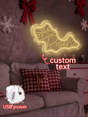 Customized Christmas LED Neon Light With Bow Pattern, Room Decor, Customizable Engraved Neon Light On Back, Size 5 Inch - 20 Inch, Christmas Home Decor, Personalized Birthday Christmas Gift