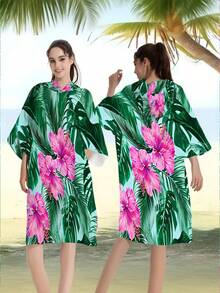 1pc Bohemian Style Tropical Floral Polyester Hooded Poncho, Plus Size Beach Towel - Vibrant Floral Design, Beach Wrap, Soft Polyester Robe, Suitable For Swimming, Travel And Beach Vacation, Unisex Bathrobe Surfing Accessories - Multicolor - View 14