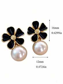 1 Pair Black New Vintage French Style Teardrop Flower & Pearl Stud Earrings, Suitable For Teenage Girls Daily Wear - Black - View 5