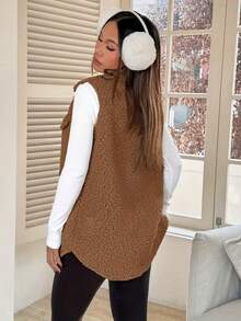 Women'S Plus Size Olive Green Fleece-Lined Stand Collar Jacket With Pockets - Casual Sleeveless Vest For Fall & Winter, Soft Texture, Button-Up Front, Loose Fit, Perfect For Casual Attire, Winter Jacket, Vest Woman Autumn/Spring, Vest Woman Curve/Plus Size, We Sleeve Large Size, Bodywarmer Woman Large Sizes - Màu Khaki - Xem 2