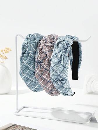 3 piezas Diademas anchas de tela para adultos con diseños a cuadros, lazos, rayas y estampado de leopardo, diadema, aro para el cabello