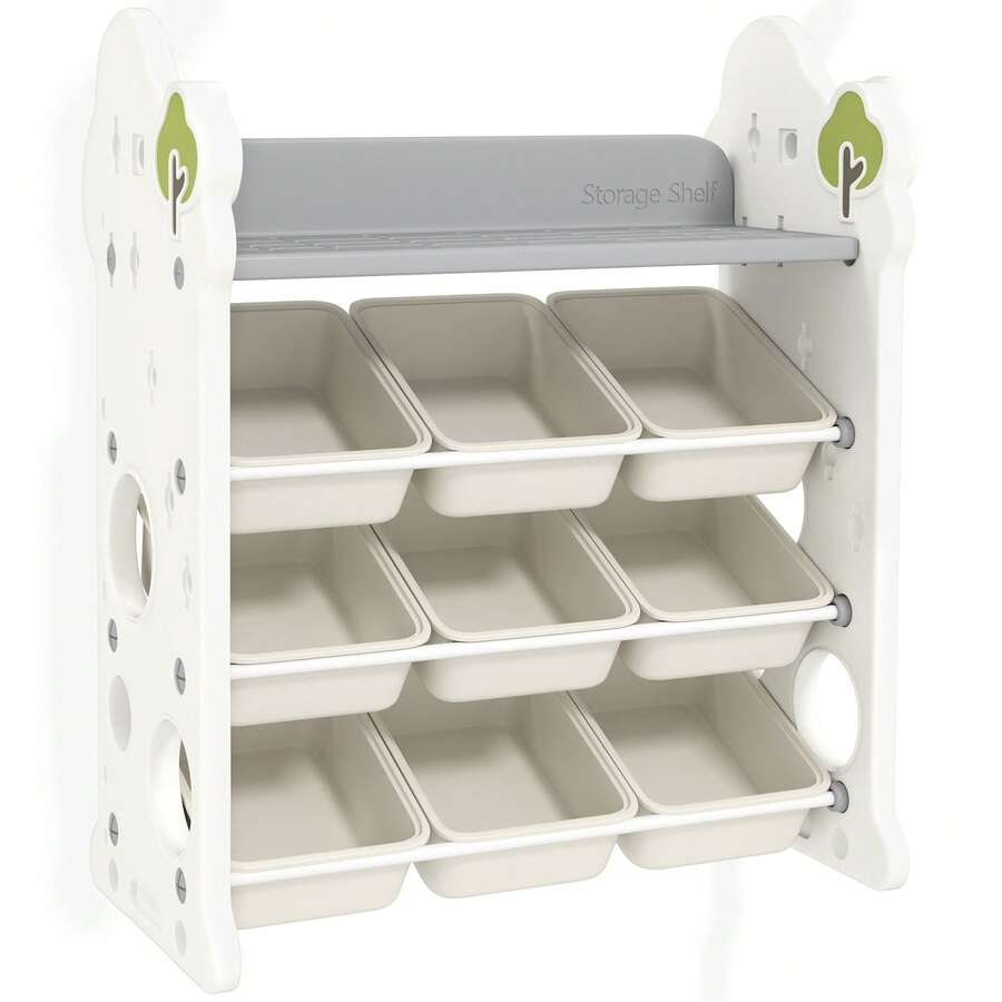aosom AIYAPLAY 4-Tier Children's Toy Storage Rack With 9 Bins And Side Hook, Multi-Purpose HDPE Toy Cabinet, For Bedroom, Living Room And Playroom, 77x42x94 Cm, Cream