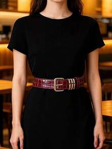 High-Quality Crocodile Embossed Faux Leather Retro Alloy Buckle Women's Belt, Slim Waist Belt For Women's Dresses And Jeans, Minimalist, Casual, Elegant Solid Color Women's Belt, Versatile Belt Suitable For Dresses And Pants, Daily Wear - Fashion Belts - View 4