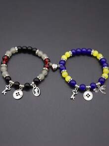 2 件情人节个性化时尚串珠磁性按扣钥匙扣猫天然石多色手链套装，适合女士、闺蜜、情侣、日常佩戴、生日礼物、友谊手链、情侣手链 - 彩色 - 查看 5