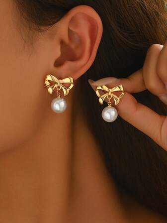 1 Pair Elegant Chic Fashion Minimalist Bow & Faux Pearl Pendant Earrings For Women, Suitable For Daily Wear, Valentine's Day, Dates, Parties, Weddings, Mother's Day Gifts, Girlfriend Gifts