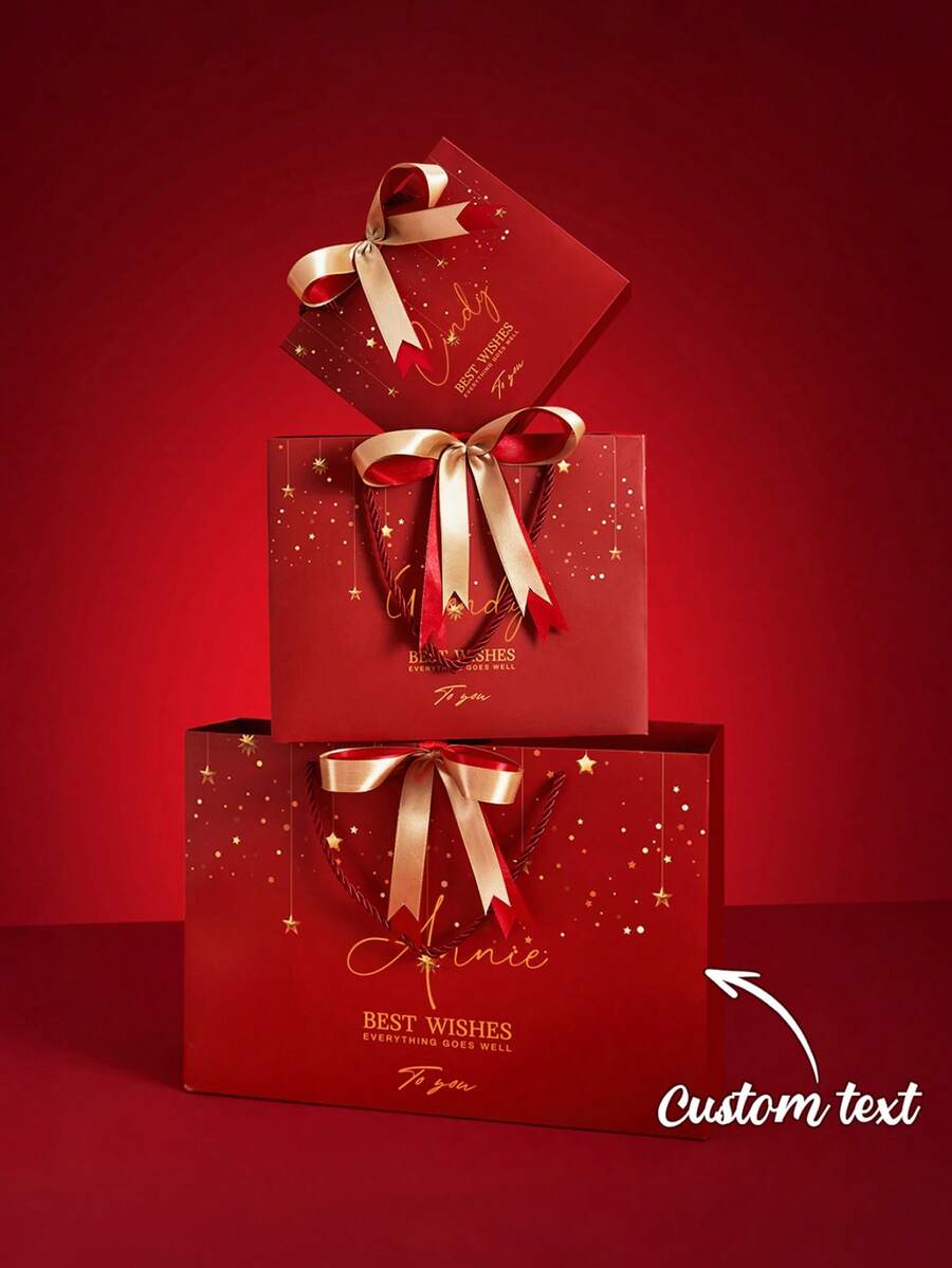Customized Gift Bag, Customized Text, Red With Gold Bow, Fashionable And Exquisite, Suitable For Weddings, Valentine's Day, Birthdays, Gifts For Friends And Family, Customized Gift Packaging Bag - Multicolor - View 1