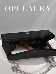 OpulAura 女士欧美风黑色丝绒翻盖晚宴包，闪耀优雅水晶装饰手提包，奢华正式晚宴手拿包，链条单肩包，适合晚宴、派对、生日、婚礼、新娘配饰 - 黑色 - 查看 3
