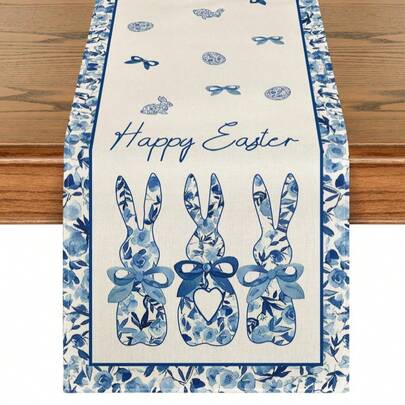 Camino de mesa de decoración de Pascua con conejo de cerámica azul, decoración de mesa de cocina y comedor de temporada para el hogar y fiestas