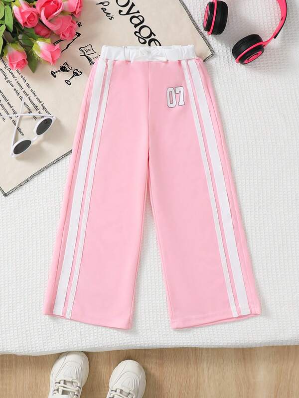 idolCat Girls' Casual Pink Side-Striped Long Trousers For Fall Daily Wear