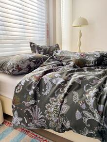 三件套,柔软磨毛超细纤维面料,黑色花卉图案,复古乡村风格,经典畅销款,(含1个被套和2个枕套,不含被芯和枕芯),单人/双人尺寸 - 黑色 - 查看 3