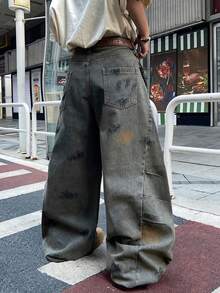 1 chiếc quần jeans ống rộng kiểu Mỹ cổ điển, nhuộm bùn, phối nhiều mảnh vải và vẽ tay (Sản phẩm không bao gồm thắt lưng và phụ kiện) - Màu xanh lam - Xem 2