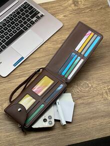 HOVI'S 男士长款拉链手拿包 - 磁扣设计，便携腕带，大容量口袋，可装手机和卡片 - 棕色 - 查看 8