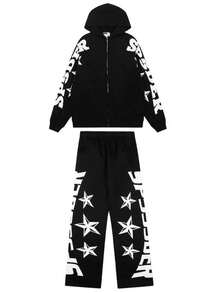 Streetwear Brand Sp5de Spider Web Star Letter Zipper Cardigan Hoodie Men's And Women's Long Pants Set - màu đen - Xem 11