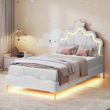 Caluself 90*200cm Flat Double Bed, Single Bed, Crown-Shaped Princess Bed, Soft PU Leather Upholstery, White - 白色 - 查看 4
