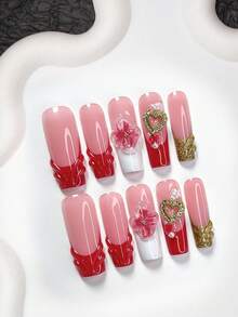 10件套优雅高端情人节美甲套装，包含法式按压美甲贴片、水滴形假指甲、手工花朵装饰、心形美甲配件、白色甲油胶、红色甲油胶、金属甲油胶，附带工具套装，三种尺寸可选：杏仁形、鸭嘴形、棺材形，适合女性和女孩，是约会、婚礼、情人节、派对等场合的理想美甲用品。 - 彩色 - 查看 13