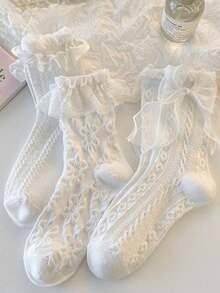 3双随机白色蕾丝荷叶边公主袜，女士款，高品质 - 彩色 - 查看 9