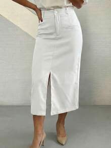 Women's Skirt With Fake Pockets, Slits, High Waist Midi Skirt - 白色 - 查看 5