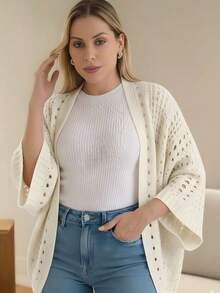 Set Of 2 Women's Cardigan Blouses, Knitted Cape, Openwork Knit, Autumn - 米白色/米色 - 查看 8