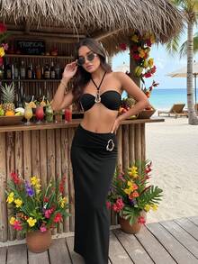Maiô de Praia Elegante com Nó Traseiro e Cor Sólida para Férias - Preto - Visão 6