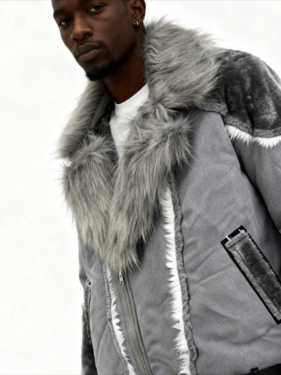 Faux Fur Panel Oversized Collar Men's Coat, Loose Fit Sheepskin-Lined Long Sleeve Winter Outerwear - 灰色 - 查看 1